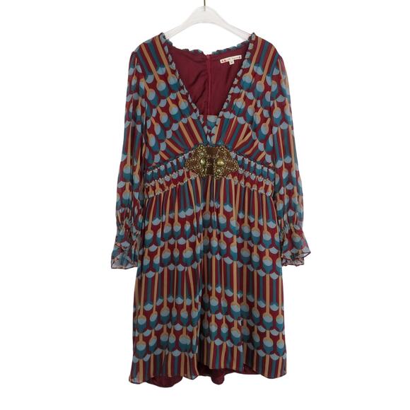 Nanette Lepore Burgudy Geometric Long Sleeve Midi Babydoll Dress with Buckle 10 - Picture 2 of 7